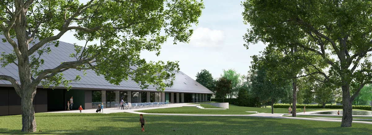 Die Photovoltaikanlage auf dem Dach deckt einen Teil des Energiebedarfs ab. Aussenansicht des neuen Hallenbads.